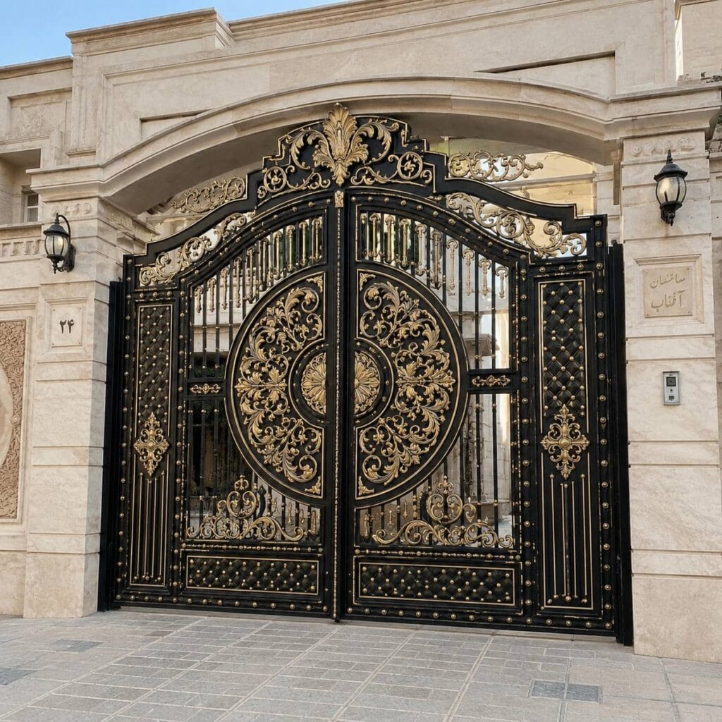 درب حیاط مشکی طلایی فرفورژه