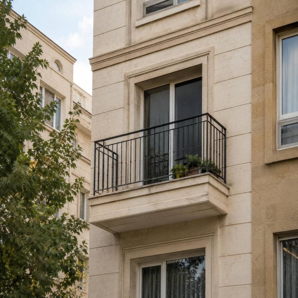 حفاظ تراس خاکستری کنار دیوار گچی بازسازی شده