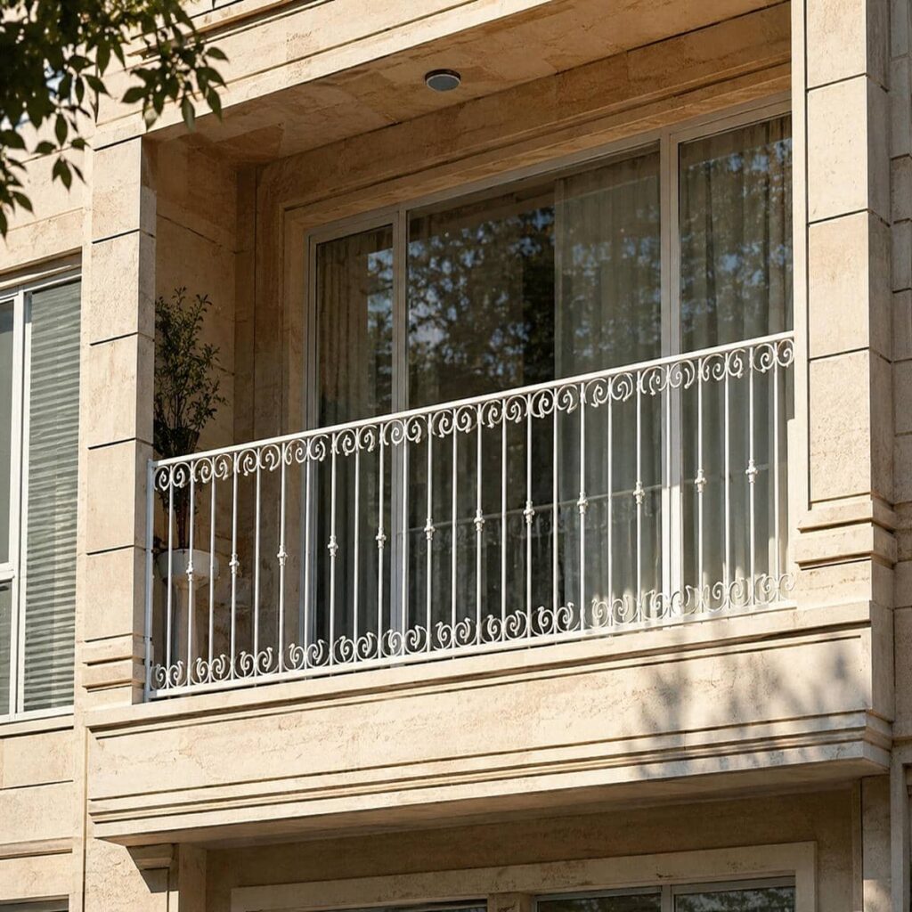 نرده بالکن خاکستری با پایه کنار دیوار سنگی