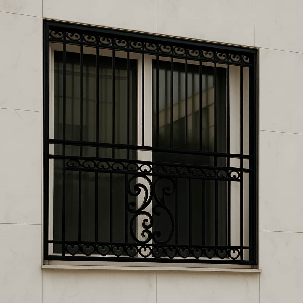 نرده پنجره فلزی عمودی روی نمای آجری