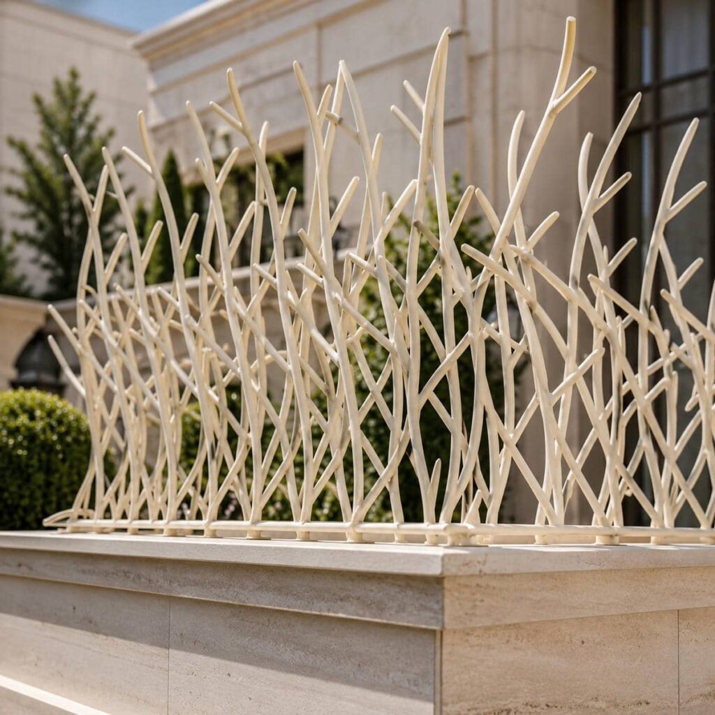 نمای سرنیزه‌ای خاکستری بر دیوار بلند حیاط