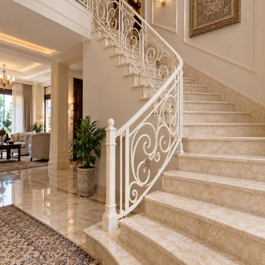 هندریل چوبی گرد روی دیوار پلکان روشن